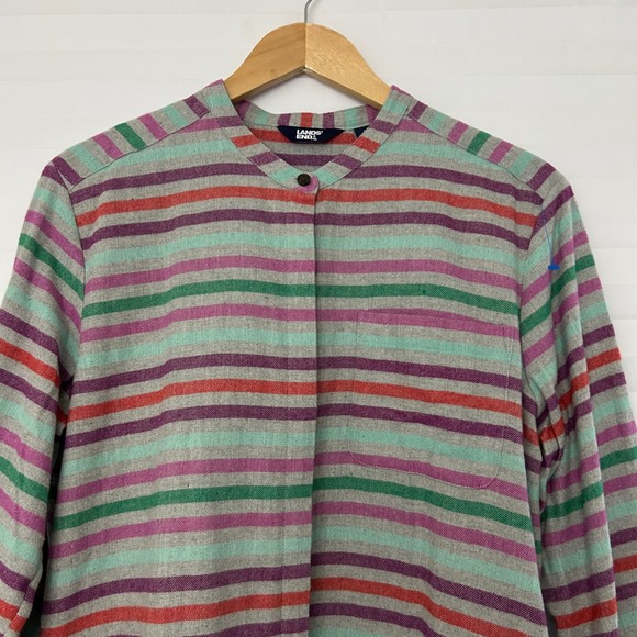 Lands End Women L14-16 Flannel Tunic Mandarin Collar Striped Cotton Shirt Pocket - Picture 3 of 9